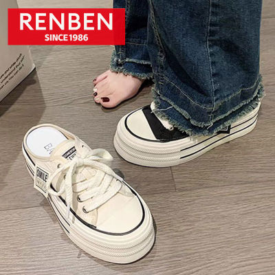 RENBEN รองเท้าเปิดส้นรองเท้าสีขาวผู้หญิง,เสื้อนอกพื้นหนาเพิ่มความสูงรองเท้าผ้าใบลำลองที่ใส่ได้หลายโอกาส