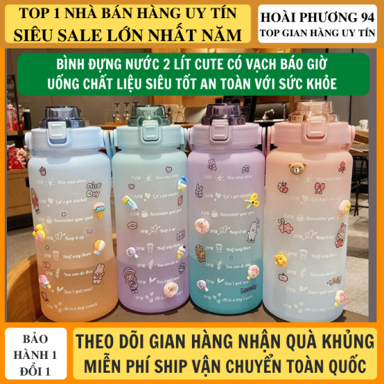 Bình nước 2 lít nữ cute tặng kèm sticker có vạch báo giờ uống nước tiện - ảnh sản phẩm 1