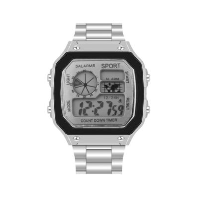 นาฬิกาผู้ชายกันน้ำจอ LCD สีสันสดใสนาฬิกาเย็นสแตนเลส Jam Tangan Digital 5นาฬิกาปลุกนาฬิกาแฟชั่น