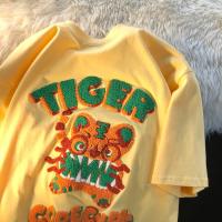 New 3D Flocking Embroidery Tiger Cartoon T Shirts Kawaii Clothes for Teens Students Pure Cotton Summer Plus Size Basic Harajuku