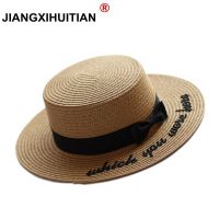 [hot]2017 Summer new Embroidery Letter Boater Hat Ribbon Round Bow Flat Top Wide Brim Straw Hat Women Fedora Panama Hat free shipping