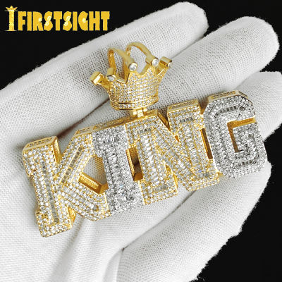 Iced Out Bling Two Tone Color CZ Letter King Pendant Necklace Cubic Zirconia Crown King Charm Men Fashion Hip Hop Jewelry