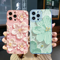 เคสป้องกันเลนส์เต็มสำหรับ iPhone 14 Plus 13 Pro Max 12 iPhone 11 XR 8 7 SE 2022ดอกไม้สีชมพูสีเขียวขอบสี่เหลี่ยม