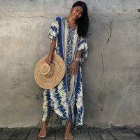 Beach Style Kaftan Long Maxi Dress Serpentine Stripe Print Bohemia Caftan Moroccan Robe Retro-fashion Design Cotton Home Wearing