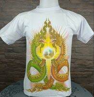 เสื้อยืดคอกลม ลายไทย คอกลม สีขาว ลายพญานาคสีเขียว-สีทอง เนื้อผ้าคอตตอนแท้100% ใส่ได้ทั้งชายและหญิง