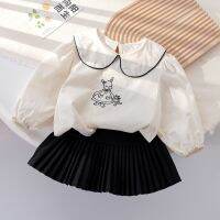 2023 Summer Korean Ins Kids Baby Girls 2PCS Clothes Set Cotton Long Sleeve Blouse Pleated Skirts Suit Toddler Girls Outfits