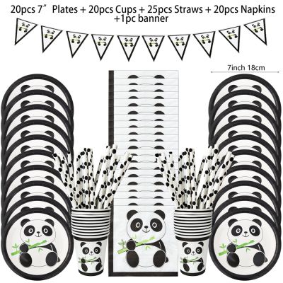 【LZ】 Panda Birthday Party Decoration Panda Disposable Tableware Set Bamboo Paper Straw Plates Cups Banner Kids Baby Shower Supply