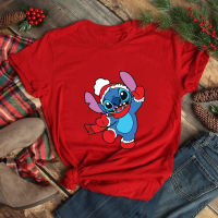 2023 NewRed Stitch Christmas เสื้อผู้หญิงฝรั่งเศสแฟชั่น2022ใหม่ Kawaii Harajuku เสื้อยืด Xmas Eve Casual Family Party T เสื้อ