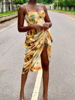 Women Vintage Yellow Tie dye Flower print Spaghetti Strap Dress Hem Slim Waist Slit Irregular Long Dresses Sling Vestido