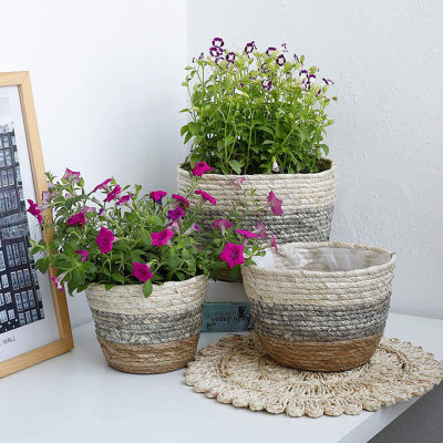 Handmade Bamboo Storage Baskets Foldable Laundry Straw Patchwork Wicker Rattan Seagrass Belly Garden Flower Pot Planter Basket