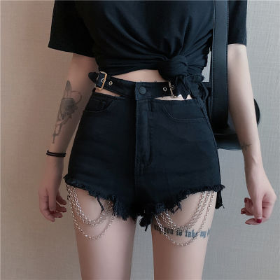 Vintage Gothic Black Hole Chain Denim กางเกงขาสั้นผู้หญิงฤดูใบไม้ผลิฤดูร้อน2023ใหม่ Harajuku หญิงกางเกงขาสั้นเซ็กซี่ Punk Hip Hop กางเกงยีนส์