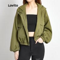 Lovito Casual Plain Zipper Pocket Button Hooded Bishop Sleeve Women Jacket L45LD009 (Army Green)