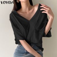 Vonda เสื้อเบลาส์ลําลอง แขนยาว คอวีลึก สีพื้น สไตล์เกาหลี เซ็กซี่ สําหรับผู้หญิง