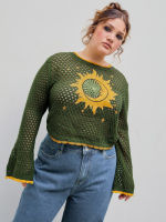 Cider Hollow Out Sun Print Knitted Long Sleeve Top Curve &amp; Plus