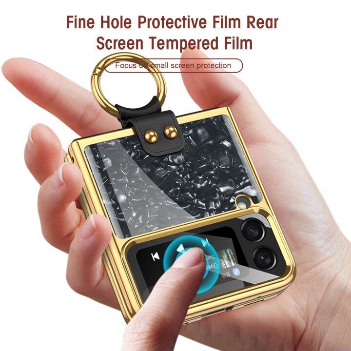 z-flip-4-case-finger-ring-plating-back-cover-for-samsung-galaxy-z-flip-4-5g-case-plastic-with-back-camera-lens-tempered-glass