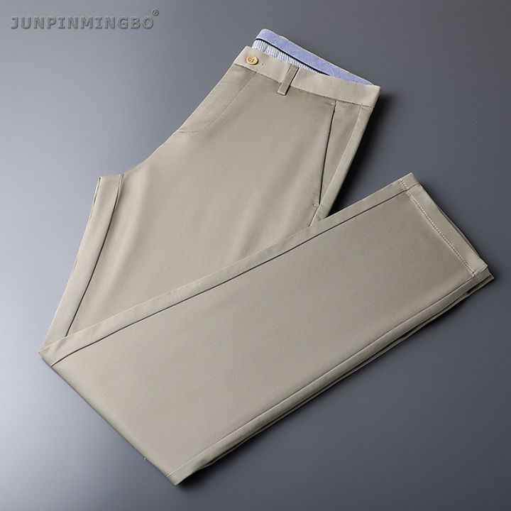 junpinmingbo-กางเกงชุดผู้ปฏิบัติงานอ้วนสำหรับผู้ชาย-กางเกงผ้าฝ้ายยืดได้สำหรับฤดูร้อนกางเกงทำงานธุรกิจผ้าไอซ์ซิลค์กางเกงลำลองเย็นเรียบ