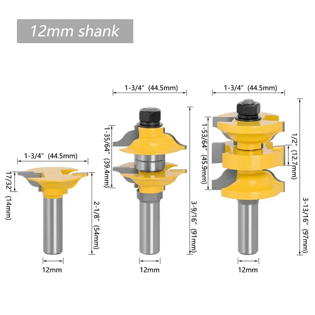 LAVIE 3pcs 12mm 12.7mm Shank Entry Interior Tenon Door Router Bit Set