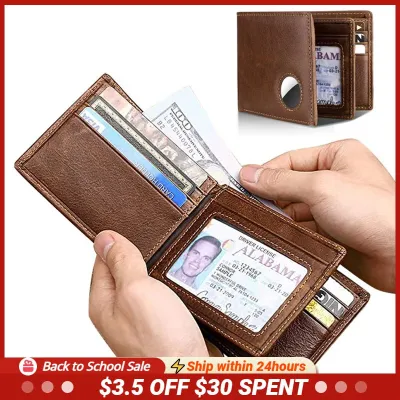 2023 New Genuine Leather Wallet for Men with AirTag Holder Bifold RFID Blocking Mens Wallet ID Window Card Holder Cowhide Purse