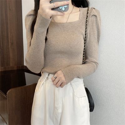 ۩ 622549 Square Neck Bottoming Shirt Women Autumn Winter Knitted Clavicle Low Sweater Short Black Puff Sleeve Top