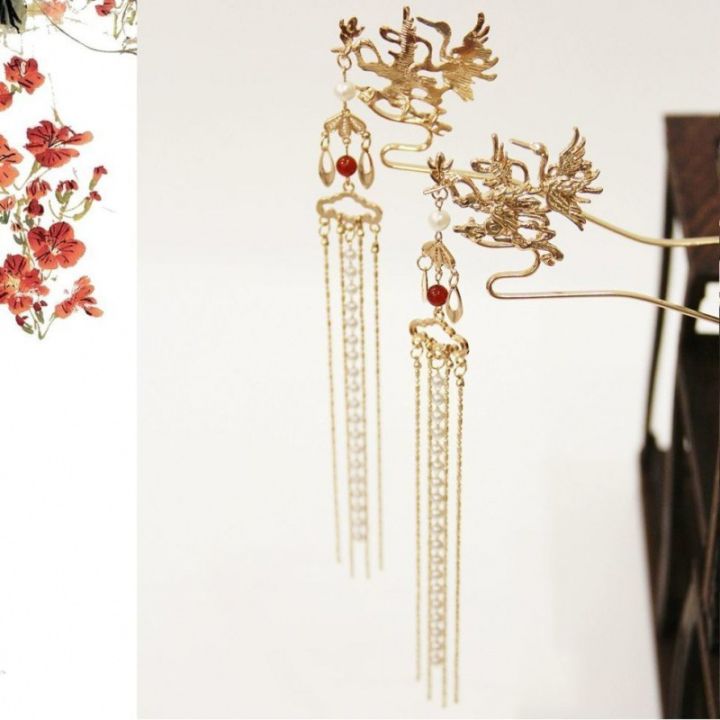 hot-เครื่องประดับ-hanfu-แสดงชุดกิโมโนมงกุฎผมชุดปิ่นปักผมสีแดงและสีทองที่งดงามทำจากราชวงศ์หมิง