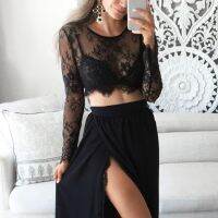 Summer Floral Lace Blouse Black White Long Sleeve Top Sexy Female Shirt Transparent Cropped Tops Tee Tops Slim Ladies T-Shirt