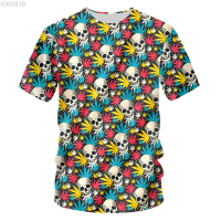 Colorful (สต็อกเพียงพอ) 2023 New Maple Leaves Print T-Shirt Skull 3d T-Shirt Summer Trendy Short Sleeve T-Shirt Top Men/Female Short Sleeve Topคุณภาพสูง size:S-5XL