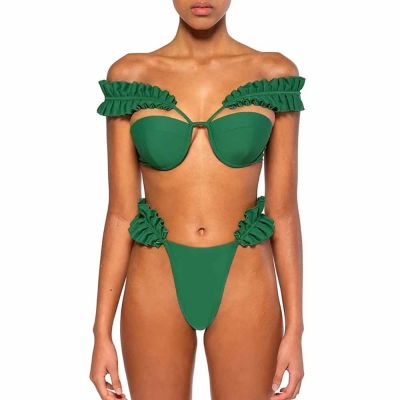 【JH】 Color Pleated Design Push Up Swimsuit Piece Cut Out Pool Swimwear Ladies Tube Top Beachwear