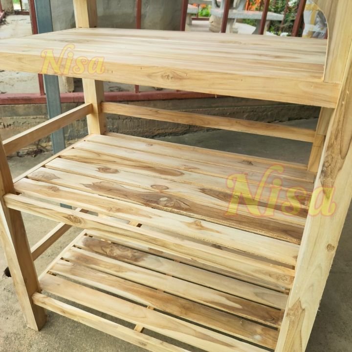 nisa-โต๊ะวางของไม้สัก-โต๊ะวางไมโครเวฟ-3-ชั้น-80-40-สูง100-cm-พร้อมช่องวางขวด-ช่องเสียบมีด-งานดิบไม่ทำสีใดๆ-shelf-rack-มีรับประกัน