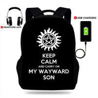 17inch Carry on my wayward son-supernatural Print College Backpack usb Charger Laptop Backpacks for Teenage Girls&amp;Boys Mochila