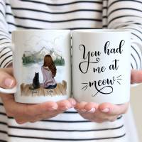 Girl and Cat Man Couple and Pet Personalized Mug Coffee Cups Gift for Family DIY Choose Hair Skin Clothes 1115 Oz R2058