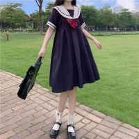 【COD】Academic style Korean academic bow bow Navy collar short sleeve dress girlfriends A-line skirt