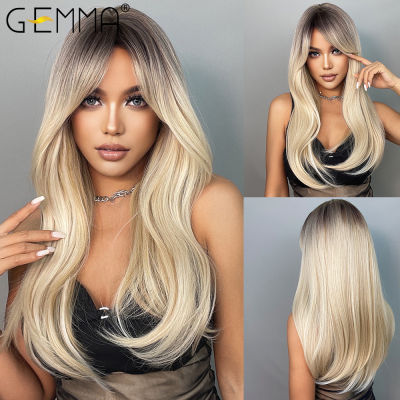 GEMMA Ombre สีน้ำตาลสีบลอนด์ยาวตรงวิกผมสังเคราะห์เรียบคอสเพลย์วิกผมสำหรับผู้หญิงอุณหภูมิสูงธรรมชาติปลอมผม ~