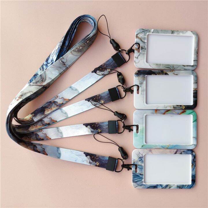 hot-dt-marble-pattern-lanyard-id-badge-card-holder-office-worker-cardholder-cover-credit-protector