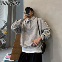 TIDE BEAR เสื้อสเวตเชิ้ตแบบสวมหัวลายทางเสื้อโปโลเสื้อสเวตเตอร์มีปกคอของผู้ชายสีทึบปกเสื้อเสื้อแขนยาวใหม่