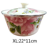 Antique Enamel Bowl Old-Fashioned Thicken Basin Large Capacity Home Kitchen Refrigerator Fruit Food Container with Cover