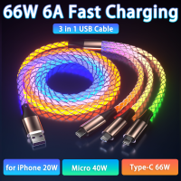 6A ชาร์จเร็วแบบ3 In 1 RGB 66W เคเบิลไมโคร USB สายเรืองแสงหลากสีสำหรับไอโฟนหัวเหว่ยที่ชาร์จแบรนด์เสี่ยวมี่อุปกรณ์เสริมแอนดรอยด์สาย USB