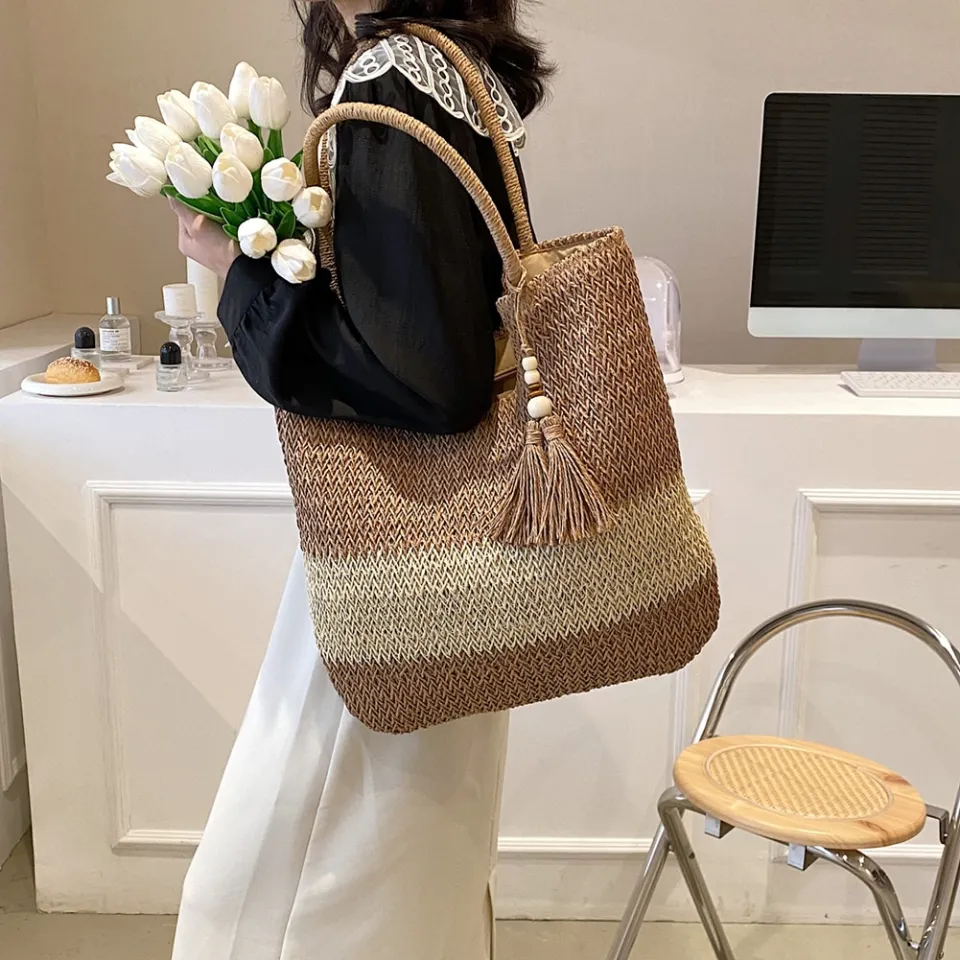 Summer Straw Woven Tote Bags with Tassels Large Shoulder Bag for Women  Purses and Handbags Rattan Boho Bag Raffia Beach Bag