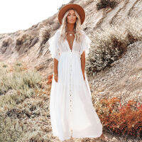 New Beach Outing White Long Dress y Tunics Bikini Cover Up Vacation Leisure Women Swimwear Wrap Beachwear Boho Beach Dresses