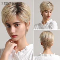 HENRY MARGU Short Pixie Wigs for Black Women Short Layered Cut Hair Wigs with Bangs Dark Root Blonde Brown Ombre Futura Wigs