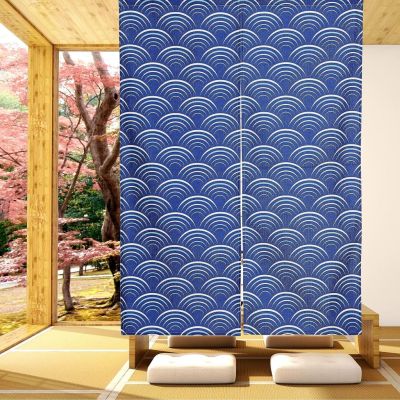 Moslovstar Japanese Noren Door Curtain Blue Wave Pattern Printing Doorway Curtain Handmade Cotton Linen Door Curtain