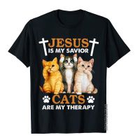 เสื้อยืดผ้าฝ้ายเสื้อยืดผ้าฝ้าย เสื้อยืด ผ้าฝ้าย พิมพ์ลาย Jesus Is My Savior Cats Are My Therapy Christian สไตล์ฮิปฮอป สําหรับผู้ชาย