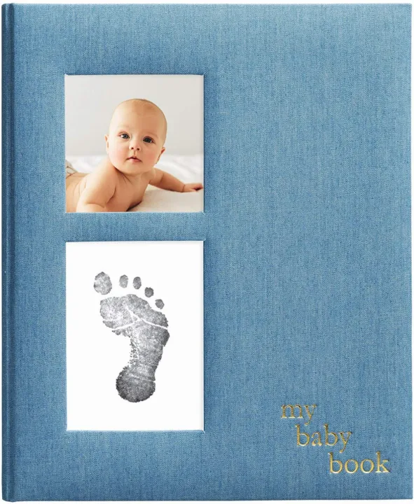 Pearhead Blue Chambray Baby Book, Gender Neutral Baby Journal for Baby