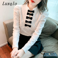 Luxqlo เสื้อแขนยาวเข้ารูปพอดีแขนพองสำหรับผู้หญิง,เสื้อเบลาส์แขนพองฉบับภาษาเกาหลีโบว์เสื้อหรูหราเสื้อยืดเบสิกขนาดใหญ่