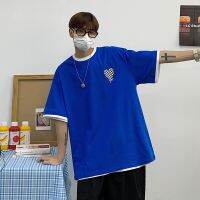 [COD] sports fake two-piece T-shirt 2022 new summer all-match peach heart t-shirt loose simple trendy brand mens tops
