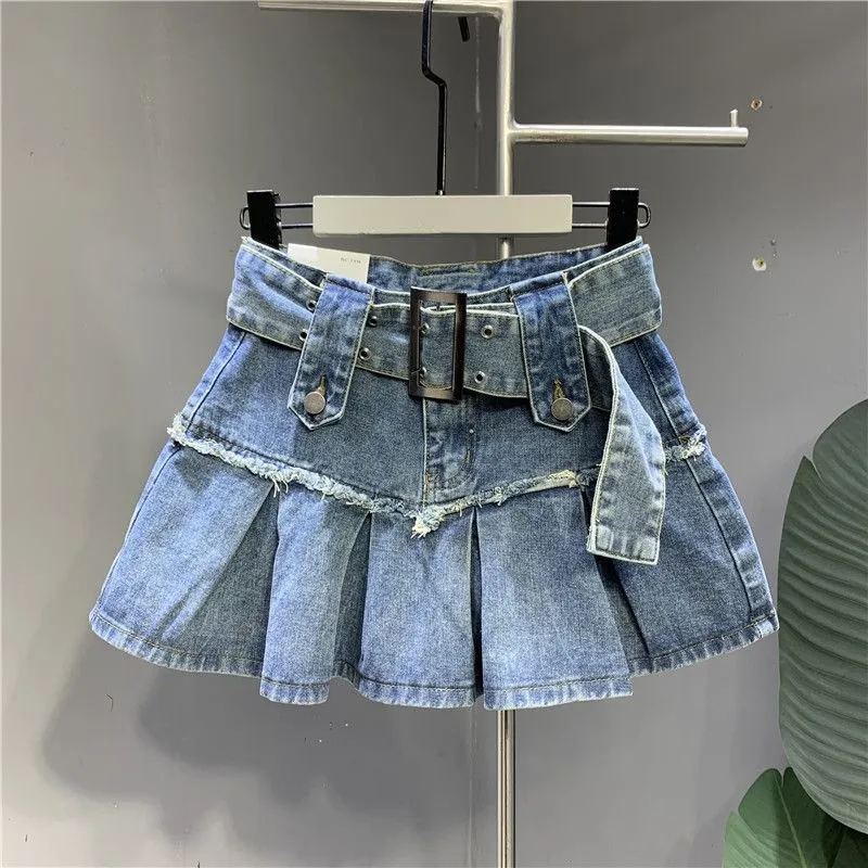 Pleated denim skirt outlet knee length