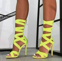 ผ้ายืดสีเขียวแฟชั่นฟลูโอเรสเซนต์สำหรับฤดูใบไม้ร่วงซิปผ้าผู้หญิงรองเท้าส้นสูงรองเท้าแตะกลวงออกรองเท้าแตะบูทที่ข้อเท้า