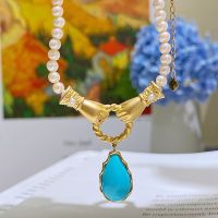 LUCKY DOLL Italy Palace ชุดเครื่องประดับแกะสลักต่างหูทอง Turquoise แหวนปรับได้ Pearl Gold-Plated Sapphire สร้อยคอเครื่องประดับ Set