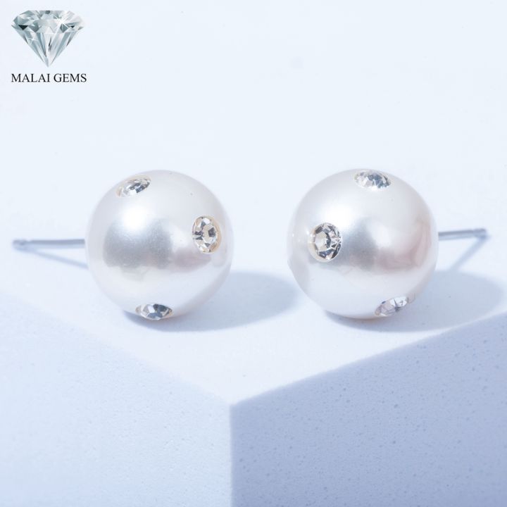 malai-gems-ต่างหูมุก-เงินแท้-silver-925-เพชรสวิส-cz-เคลือบทองคำขาว-รุ่น-21001000-แถมกล่อง-ต่างหูเพชร-ต่างหูเงินแท้