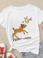 เสื้อ Disney Bambi แฟชั่น O คอผู้หญิงเพื่อนนกฮูก Graphic Simple Tshirt Cal All-Match หลวมแขนสั้นเสื้อยืด S-5XL