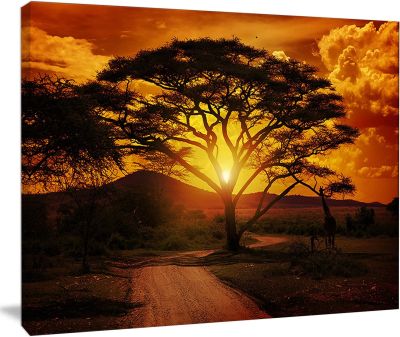 ออกแบบศิลปะพระอาทิตย์ตกด้วยต้นไม้โดดเดี่ยวใหญ่พิเศษศิลปะผ้าใบลายทิวทัศน์แอฟริกัน H X W X D P